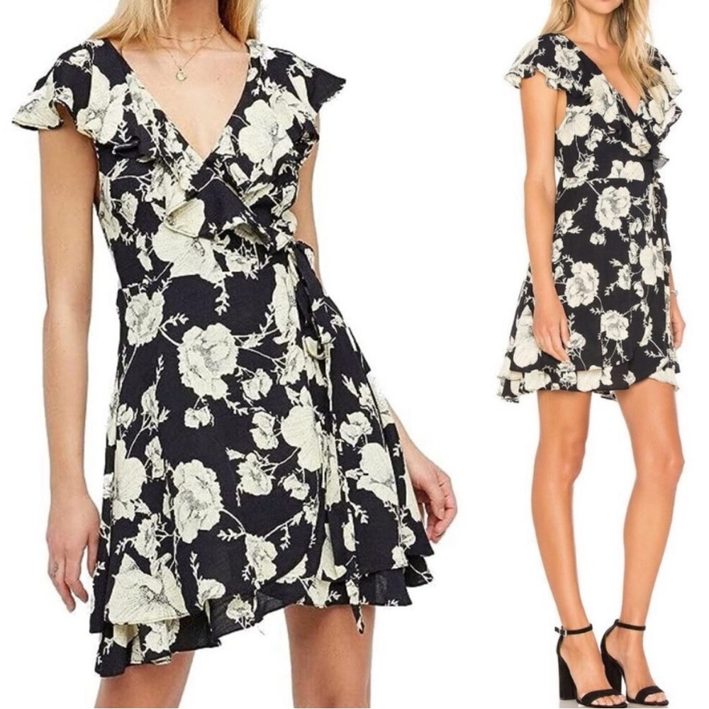FREE PEOPLE French Quarter Mini Wrap Dress Flutter Floral Black White Small